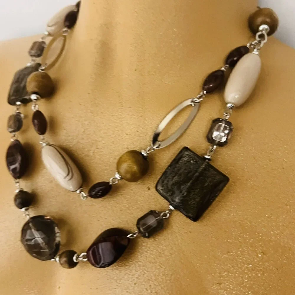 Premier Designs  SABLE 2 Strand Necklace Earth Tones Chunky Beads Glass Resin